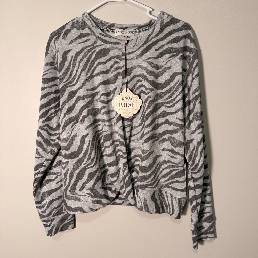Knox Rose Womens Zebra Print Twist Front Long Sleeve Top Grey White Medium NWT - Picture 7 of 8